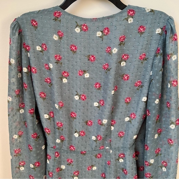 Wayf Eloise Floral Wrap Dress Clip Dot Ruffle Long Sheer Sleeve Tulip Hem Sz S - Picture 9 of 14